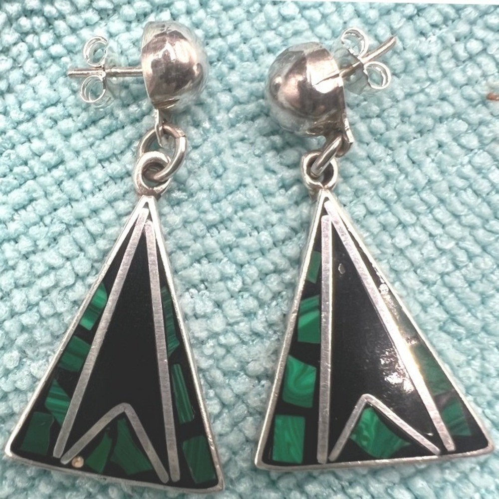 Vintage Taxco Mexico Sterling Silver Post‎ Earrings Malachite Onyx Geometric 11g